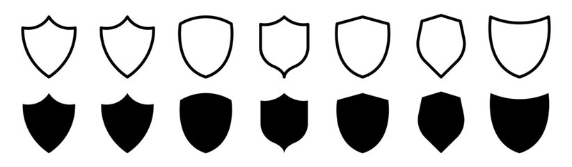 Shield icon set in black filled and outlined style