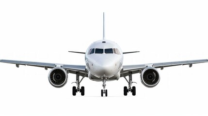Obraz premium Front view of a large white commercial airplane with two engines, wheels on the ground, aerodynamic design, against a clear white background.