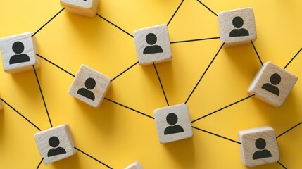 Wooden Blocks Connected by Black Strings, Social Network, People, Team, Collaboration, Teamwork, Connection, Communication, Group, Relationship