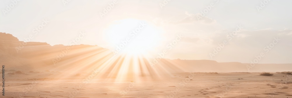Poster tranquil soft pink desert at dawn with sunbeams creating dappled light effect over sand, emphasizing