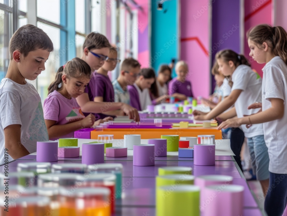 Poster Engaged Students and Enthusiastic Teacher Conducting Hands-On Science Experiments in Vibrant Classroom, Daytime