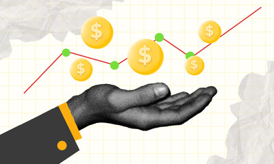 halftone collage Modern Design, Financial growth concept A hand holds rising dollar symbols, illustrating economic success. for investment, business growth, or financial planning themes