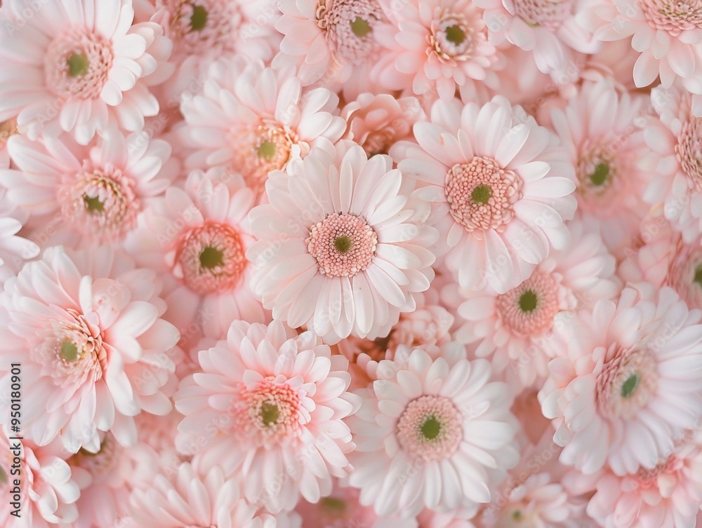 Poster Close-Up Aerial View of Symmetrical Pastel Pink Floral Pattern with Soft Diffused Lighting Highlighting Geometric Texture of Intricate Flower Arrangement