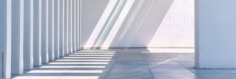 Poster Modern Minimalist Architecture Soft White Facade with Rays of Light at Sunrise Creating Artistic Shadows