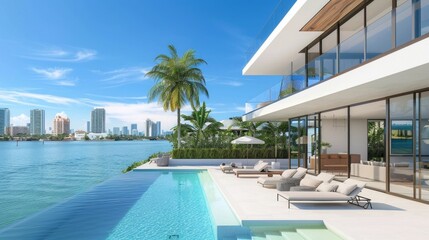 Fototapeta premium A luxurious outdoor terrace with a rectangular pool, white chairs, palm tree, city skyline view, and glass building, creating a sophisticated and relaxing atmosphere under a clear blue sky.