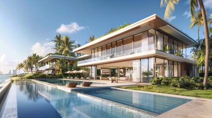 Modern oceanfront house with glass facade, spacious deck, and swimming pool. Palm trees and serene sea backdrop complete the luxurious setting.