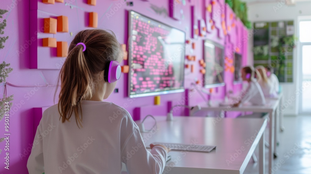 Poster futuristic classroom with young female students using ai-powered tools for enhanced learning experie