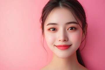 Fototapeta premium Positive female smiling on solid background