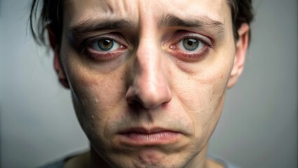 Obraz premium Tired face of a person with dark circles under eyes and a frown , Exhausted, fatigued, drained, weary, sleepy