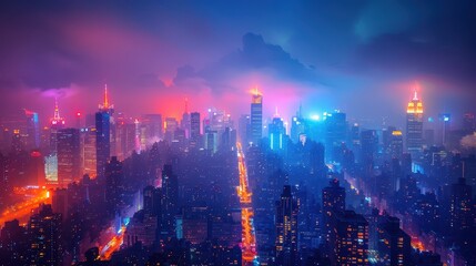 Fototapeta premium Vibrant Night Cityscape: Glowing Skyscrapers and Urban Life Hustle