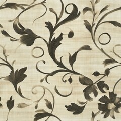 Fototapeta premium Vintage Baroque ornamental scroll and vine pattern on vintage beige fabric background, seamless repeating pattern, textile print style, minimal, Baroque design, seamless scroll and vine pattern
