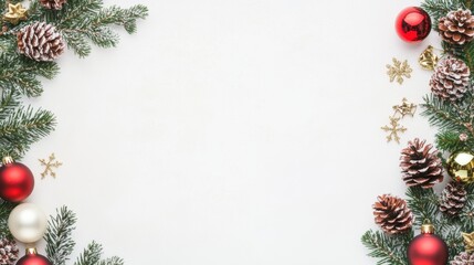 Christmas border with green pine branches, pinecones, stars, and wrapped gifts isolated on white background. Rustic holiday decoration concept.