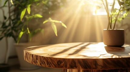 Wooden Tabletop with Sunlight and Green Plant.