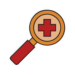 Fototapeta premium Medical magnifying glass icon illustration, healthcare inspection tool with red cross symbol