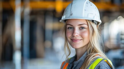 Smiling young woman construction worker with blonde hair in a hard hat and safety vest, standing confidently at a construction site. Empowerment, industry.