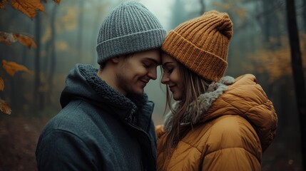 Fototapeta premium Couple embracing warmly in an autumn forest, wearing cozy winter hats and jackets. Intimate, love, autumn romance, warmth, connection.