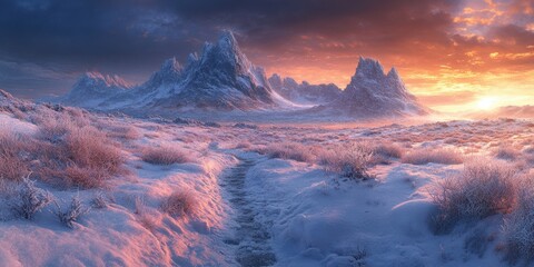 Snow-covered mountain landscape at sunset with dramatic, jagged peaks and a colorful sky, showcasing nature's winter beauty.