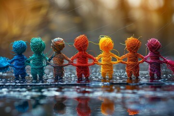 Travailler ensemble, main dans la main en équipe, petits bonhomme de laine colorés. 