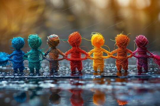 Travailler ensemble, main dans la main en &eacute;quipe, petits bonhomme de laine color&eacute;s. 