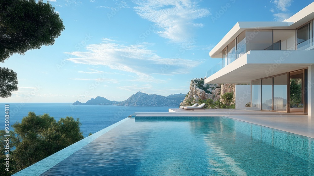 Poster A large pool with a white house in the background