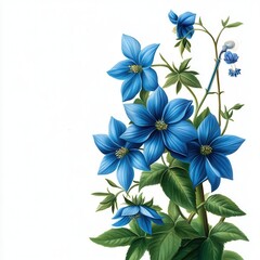 Fototapeta premium Vibrant blue flowers with lush green leaves on a white background, representing natural beauty and freshness.