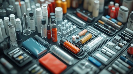 An array of cosmetic items including bottles, tubes, and palettes neatly arranged on a surface. The collection showcases various packaging designs and product types used in the beauty industry