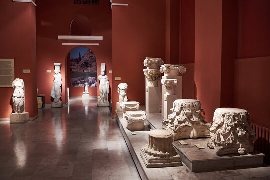 Varna, Bulgaria, March 16, 2023; Ancient Greek columns with artefact