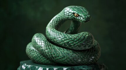 Fototapeta premium Green wooden snake wrapped around jade, intricate carving design.