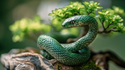 Fototapeta premium Green snake made of wood intertwined with a bonsai, representing the Chinese New Year 2025.
