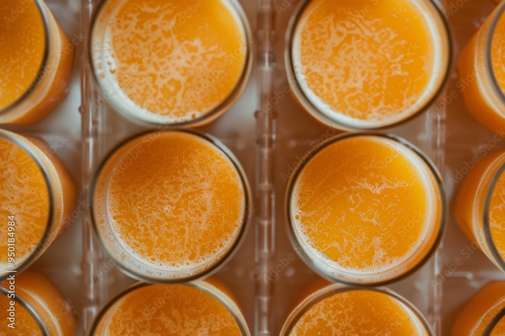 Poster Aerial View of Symmetrical Orange Drinks in Geometric Pattern with Vibrant Detailed Backgrounds and Diffused Lighting