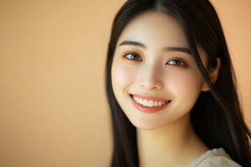Positive female smiling on solid background