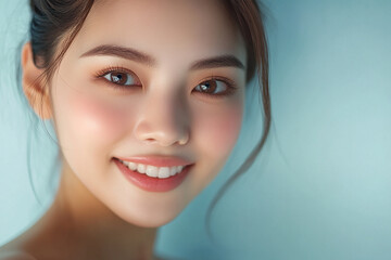 Naklejka premium Positive female smiling on solid background