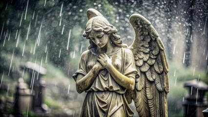 Fototapeta premium Weathered stone statue of angel in rain at cemetery, angel, statue, wings, weathered, stone, rain, cemetery, weathered, statue