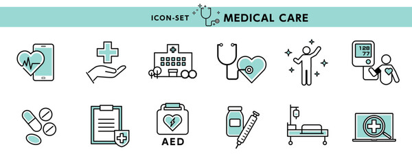 血圧、AED、補聴器、注射器、薬など医療関係のアイコン・イラストのデザイン素材
