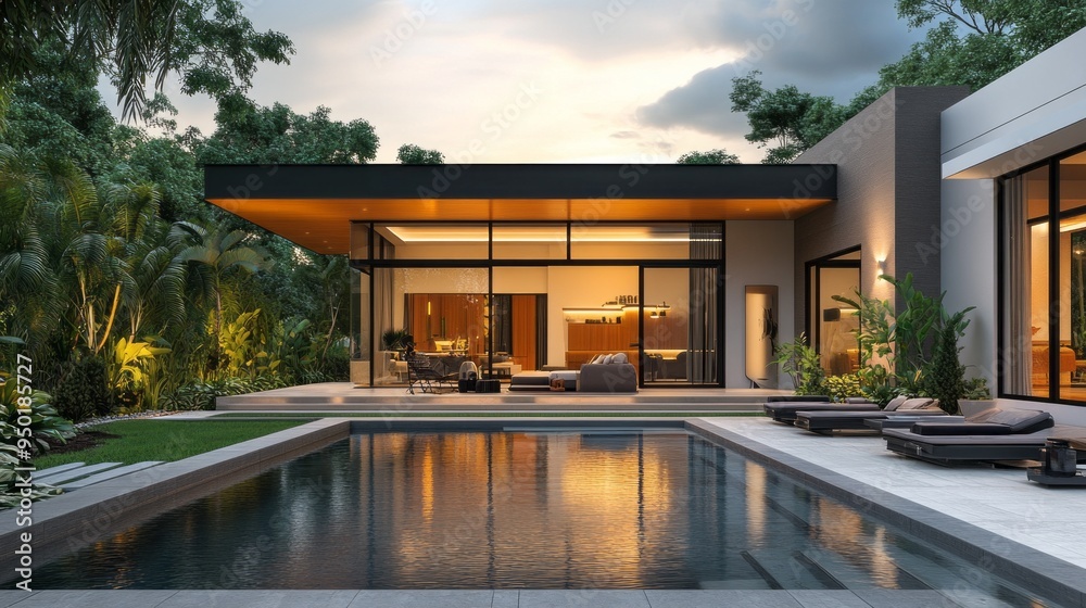 Poster a large house with a pool and a patio