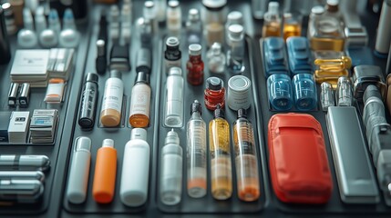 A detailed display of various cosmetic items including skincare bottles, makeup tubes, and nail polish arranged neatly on a surface. Central focus on a vibrant red nail polish bottle