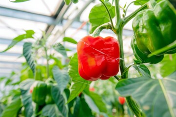 A red pepper is hanging from a plant. The pepper is surrounded by green leaves