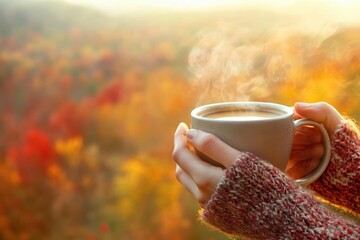 Close-up of a person holding a steaming cup of coffee in both hands, with a cozy woolen sweater visible in the frame. The background shows a scenic autumn landscape with golden and red leaves