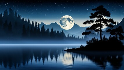 Fototapeta premium Silhouetted Pine Tree on Island with Full Moon and Starry Sky Reflection in Lake