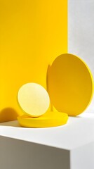 Vibrant Yellow Abstract Geometric Shapes with Contrasting Textures and Finishes on Minimalist White Background