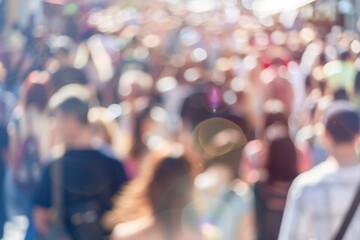 A blurry photo of a crowd of people. The people are walking and carrying bags. Scene is busy and bustling