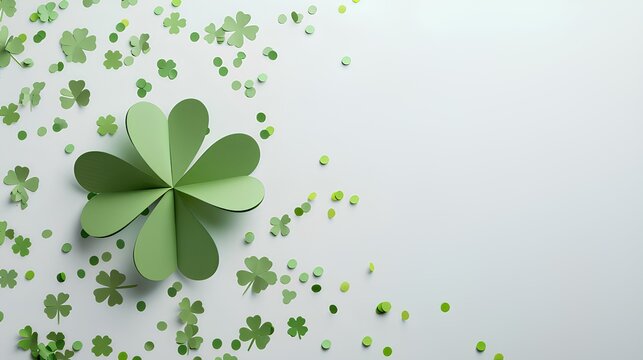 Paper four leaf clover with confetti on white background. St Patrick's Day banner design.