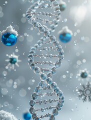 Festive DNA Helix with Christmas Ornaments and Snowflakes Floating in Water - High-Resolution Macro Graphic