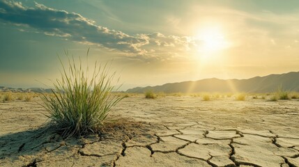 Drought-stricken desert with cracked earth resilient plant life under a scorching sun illustrating severe climate effects and environmental adaptation vividly demonstrating climate change impacts