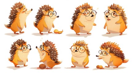 Naklejka premium Cute cartoon hedgehogs with glasses in various poses and expressions.