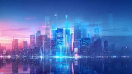 Obraz premium Futuristic cyberpunk cityscape, synthwave city background with neon light effect, blue and purple. City street, sunset skyline, skyscrapers and building.