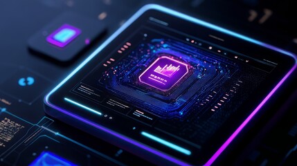 Fototapeta premium Futuristic technology design showcasing a glowing microchip on a digital interface with vibrant neon colors.