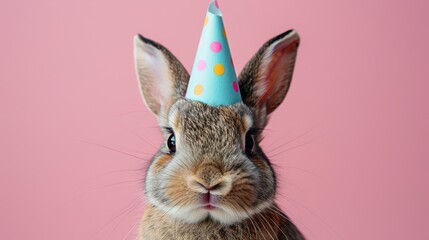 A cute Easter bunny rabbit in a colorful party hat celebrating with joy against a pink backdrop