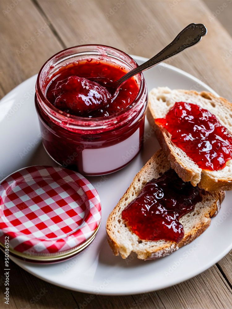 Poster a jar of strawberry jam and two slices of bread spread with strawberry jam on a white plate.