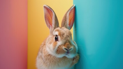 Easter bunny peeking behind colorful wall for a festive and playful holiday design